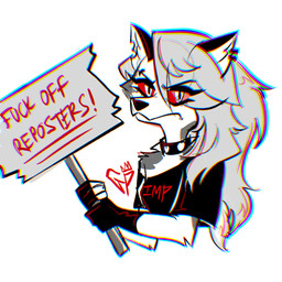 anthro ear_piercing ear_ring female fur grey_body grey_fur grey_hair hair long_hair piercing pupils red_sclera ring_piercing sign simple_background slit_pupils solo text white_body white_eyes white_fur gothiicprince hellaverse helluva_boss mythology loona_(helluva_boss) canid canid_demon canine demon hellhound mammal mythological_canine mythological_creature 1:1 chromatic_aberration colored english_text hi_res