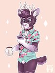 2019 aloha_shirt anthro antlers beverage black_body black_fur black_hair black_tail blue_eyes bottomless cellphone chest_tuft clothed clothing coffee coffee_cup collar container crotch_tuft cup deer electronics eyewear fleurfurr fur glasses grey_body grey_ears grey_fur grey_inner_ear grey_nose hair headphones horn inner_ear_fluff looking_at_object looking_at_phone male mammal multicolored_body multicolored_fur pattern_clothing pattern_shirt pattern_topwear phone shirt simple_background smartphone solo tail topwear topwear_only tuft two_tone_tail watermark white_body white_fur