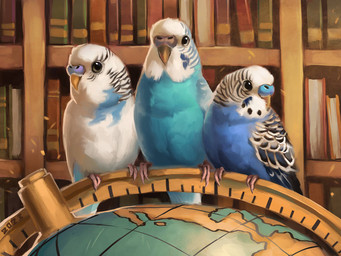 beak black_eyes black_markings blue_body blue_feathers blue_markings book bookshelf feathers feral furniture globe group markings perching trio white_body white_feathers yellow_beak alexpahomov avian bird budgerigar loriinae parakeet parrot true_parrot 2023 4:3 digital_media_(artwork) digital_painting_(artwork) painting_(artwork)