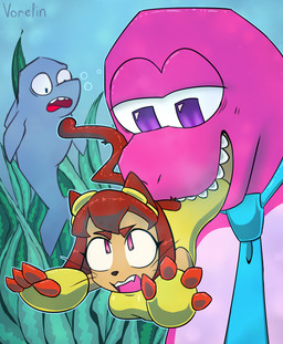 accessory anthro eyewear eyewear_on_head female feral goggles goggles_on_head in_mouth male necktie oral_vore predator/prey scared sea underwater unwilling_prey vore water lien_kitoki gameoverse glitch_productions flappers_(gameoverse) gobbles_(gameoverse) kit_bodega aquatic cetacean dinosaur dolphin domestic_cat felid feline felis mammal prehistoric_species reptile scalie toothed_whale hi_res