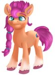 blue_eyes braided_hair cutie_mark female fetlocks front_view hair hooves purple_hair simple_background solo standing tan_body white_background jbond hasbro mlp_g5 my_little_pony sunny_starscout_(mlp) earth_pony equid equine horse mammal pony