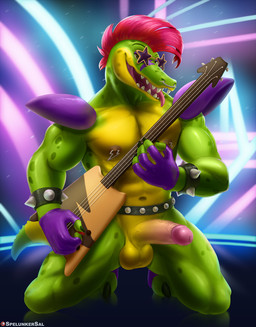 anthro balls bass_guitar biped erection eyewear genitals glasses green_body guitar hair humanoid_genitalia humanoid_penis male male_anthro mohawk muscular muscular_male musical_instrument navel nipple_piercing nipples non-mammal_balls non-mammal_navel non-mammal_nipples patreon_logo patreon_username penis piercing plucked_string_instrument red_hair rock_out_with_your_cock_out shoulder_pads solo string_instrument text tongue tongue_out spelunker_sal five_nights_at_freddy's five_nights_at_freddy's:_security_breach patreon scottgames steel_wool_studios montgomery_gator alligator alligatorid crocodilian reptile scalie artist_name digital_media_(artwork) hi_res shaded