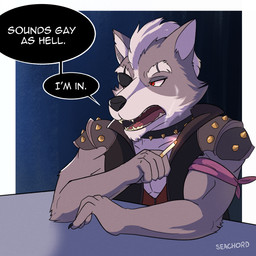 cigarette countershading dialogue fur grey_body grey_fur male muscular muscular_male piercing simple_background smoking solo speech_bubble text seachord nintendo star_fox wolf_o'donnell canid canine canis mammal wolf 1:1 2022 english_text hi_res reaction_image
