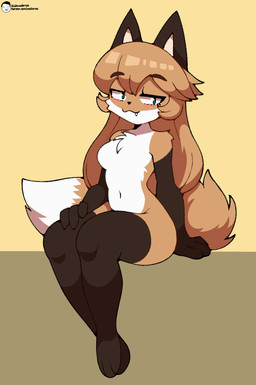 anthro bangs blush clean_lines curvy_figure female fluffy fluffy_tail green_eyes hair half-closed_eyes long_hair narrowed_eyes simple_background sitting smug solo tail thick_thighs conditional_dnp voider_(artist) averi_(fiddleafox) canid canine fox mammal 2025 absurd_res digital_drawing_(artwork) digital_media_(artwork) flat_colors hi_res shaded simple_shading soft_shading