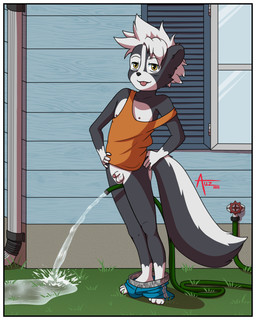 anthro balls bottomless bottomwear bottomwear_down circumcised clothed clothing flaccid genitals hands_on_hips humanoid_genitalia humanoid_penis male nipples outside pants pants_down partially_clothed penis presenting public public_nudity shirt smug solo tank_top tongue tongue_out topwear water water_hose wet young auzzie pux_(character) mammal mephitid skunk 4:5 absurd_res hi_res