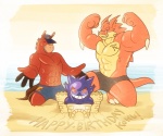 abs beach biceps birthday bottomwear brown_body brown_fur clothed clothing flexing fur group male muscular outside paws pecs pose sand scales sea seaside shorts simple_background speedo swimwear tattoo text topless water piti_yindee equid equine horse mammal scalie english_text