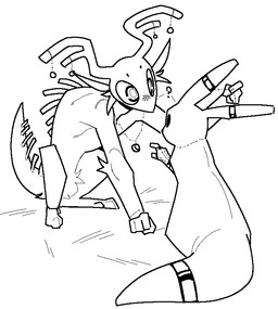 1-bit accessory ambiguous_gender antler_jewelry antlers arm_tuft back_spines beads bracelet cheek_tuft crotch_tuft curious digitigrade duo earband elbow_tuft facial_tuft feral front_view furgonomics horn jewelry necklace paws question_mark rear_view ring sitting tail tail_accessory tail_spines tailband thick_tail tuft servali_sketch rain_world videocult scavenger_(rain_world) slugcat aliasing black_and_white digital_media_(artwork) monochrome