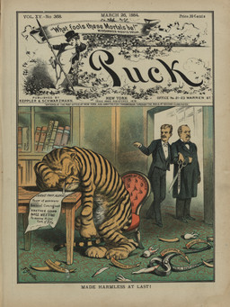 anthro arm_in_arm barefoot bone bookshelf caption clothing defanged doorway feet furniture gesture group hand_gesture holding_object holding_scissors male paper pliers pointing political_cartoon politics pulling_teeth scissors seat sitting sleeping striped_body stripes suit teeth tools tooth_removal trio friedrich_graetz public_domain puck_(magazine) grover_cleveland john_kelly tammany_tiger theodore_roosevelt felid human mammal pantherine tiger 1884 19th_century absurd_res ancient_art hi_res huge_filesize