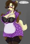 anthro apron blush bra clothed clothing dialogue female housewife legwear lingerie lipstick makeup mature_female simple_background solo stockings text underwear luigifox radicalweegee badger mammal mustelid musteline english_text hi_res