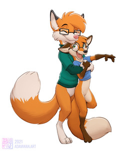 anthro bottomless clothed clothing duo eyewear featureless_crotch fluffy fluffy_tail glasses hair hug hugging_another hugging_from_behind male open_mouth open_smile size_difference smile standing tail young zaush canid canine fox mammal hi_res brother_(lore) brothers_(lore) sibling_(lore)