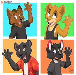 anthro black_body black_fur black_nose blue_background blue_eyes brown_body brown_fur clothed clothing dipstick_ears ear_markings fangs front_view fur gesture glistening glistening_eyes green_background green_eyes head_tuft logo looking_at_viewer male multicolored_ears open_mouth open_smile orange_background orange_eyes pink_tongue simple_background smile solo teeth text tongue tuft waving waving_at_viewer whiskers yellow_background young young_anthro young_male pandapaco canid canine felid mammal artist_logo bust_portrait multiple_images portrait signature url