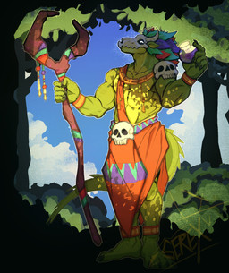 abs anthro bone bone_mask male mask muscular muscular_anthro muscular_male pecs skull skull_mask solo staff tail bermuda_(artist) terraria witch_doctor_(terraria) lihzahrd lizard lizardman reptile scalie absurd_res hi_res
