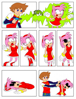 anthro blue_eyes clothing duo electrocution electronics elemental_manipulation female green_eyes gun hollow_body jysco male onomatopoeia ranged_weapon shocked size_difference skinsuit smile sound_effects suit_transformation surprised text tight_clothing transformation unusual_anatomy weapon wide_eyed zapped jen_foxworth sega sonic_the_hedgehog_(series) sonic_x amy_rose christopher_thorndyke eulipotyphlan hedgehog human mammal 2025 colored comic hi_res