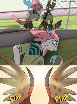 3_panel_comic 4_fingers anthro belt black_body black_feathers black_fur black_hair black_nose black_text blue_body blue_eyes blue_fur bodily_fluids bottomwear bow_(anatomy) brown_belt brown_bottomwear brown_clothing brown_pants brown_shorts closed_smile clothed clothing feathers female fence fingers fur grass group hair hands_behind_back harmony_scarf kerchief looking_at_another looking_back male markings mouth_closed neckerchief neckwear outside pants pattern_kerchief pattern_neckerchief pink_body pink_fur pink_tail plant pokemorph red_body red_eyes red_feathers ribbons_(anatomy) ring_(marking) shorts smile standing striped_kerchief striped_neckerchief sweat tail tan_body tan_feathers text trio uniform white_body white_fur wings yellow_body yellow_fur yellow_sclera yellow_text odeko-yma nintendo pokemon pokemon_mystery_dungeon spike_chunsoft captain_cinder_(odeko-yma) lucky_(odeko-yma) pix_(odeko-yma) eeveelution generation_2_pokemon generation_6_pokemon pokemon_(species) sylveon talonflame umbreon 2026 absurd_res artist_name comic english_text hi_res