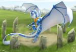 ambiguous_gender blue_body blue_fur claws day detailed_background feral fur grass hair membrane_(anatomy) membranous_wings outside plant sky solo striped_body striped_fur stripes tail white_hair wings minerea mythology tylon dragon furred_dragon furred_scalie mythological_creature mythological_scalie scalie 2018 digital_media_(artwork)