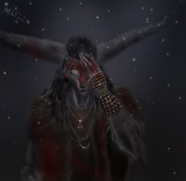 anthro big_ears black_hair blood bodily_fluids dark fur grey_body grey_fur hair leather long_hair male snow solo viking wounded hierro_(artist) hierro canid canine canis mammal wolf 2016 digital_media_(artwork) half-length_portrait hi_res portrait
