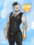 anthro clothing male muscular muscular_male solo suit tattoo jaynatorburudragon epic_games fortnite meowdas domestic_cat felid feline felis mammal gold absurd_res hi_res