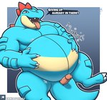 after_vore anthro erection genitals hand_on_belly male male_pred penis rumbling_stomach solo text tongue tongue_out vore tanio nintendo pokemon feraligatr generation_2_pokemon pokemon_(species) 2024 english_text