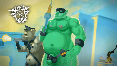 belly clothing duo explosives fishnet_clothing flaccid foreskin genitals grenade gun harness hat headgear headwear humanoid_genitalia humanoid_penis leather male mask overweight penis ranged_weapon weapon birdy saints_row bulldog canid canine canis domestic_dog humanoid mammal mastiff molosser orc