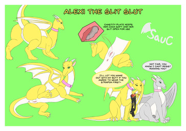 animal_genitalia anus balls border butt chastity_cage chastity_device claws collar dialogue duo feral genital_slit genitals looking_back male male/male presenting raised_tail rear_view sitting slit_chastity slit_play spread_legs spreading strapon tail text white_border wings onesaucydragon mythology saulamander dragon mythological_creature mythological_scalie scalie absurd_res english_text flat_colors hi_res model_sheet