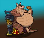 3_toes 4_fingers anthro balls belly big_belly burger claws explosives fangs feet fingers flaccid food foreskin genitals gesture gun hand_gesture holding_burger holding_food holding_object looking_at_viewer male moobs notched_ear nude obese obese_anthro obese_male overweight overweight_anthro overweight_male penis ranged_weapon saggy_balls sitting smile solo teeth thick_thighs thumbs_up tnt tnt_crate toe_claws toes weapon yellow_eyes sewergator activision crash_bandicoot_(series) dingodile canid canine canis crocodile crocodilian dingo hybrid mammal reptile scalie 2021