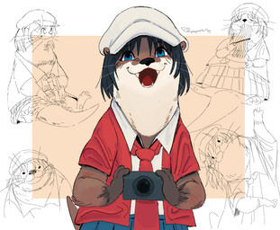 anthro black_hair black_nose blue_bottomwear blue_clothing blue_eyes blue_skirt bottomwear brown_body brown_fur camera clothing ears_up eating fangs female food fur hair hat headgear headwear holding_camera holding_object jacket necktie noodles open_mouth ramen red_clothing red_jacket red_necktie red_topwear shirt simple_background sketch_background skirt smile solo tail teeth teeth_showing topwear whisker_spots whiskers white_body white_clothing white_fur white_hat white_headwear white_shirt white_topwear neppopeppo city_(arawi_keiichi) izumi_wako mammal mustelid otter hi_res signature sketch