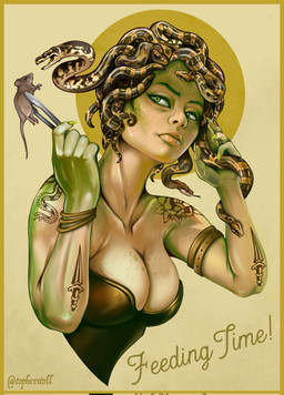 5_fingers ambiguous_gender arm_tattoo armlet border bracelet breasts claws clothed clothed_female clothed_humanoid clothing collarbone corset dagger_tattoo duo eye_contact eyebrows female feral finger_claws fingers flower_tattoo forked_tongue freckled_breasts freckles front_view green_body green_claws green_corset green_eyes holding_object jewelry lingerie living_hair looking_at_another mouth_closed open_mouth pseudo_hair quadruped shoulder_tattoo simple_background snake_hair snake_tattoo snout tail tan_body tattoo text tongue tongue_out topwear twitter_handle yellow_background yellow_border christopher_stoll european_mythology greek_mythology mythology medusa humanoid mammal murid murine rat reptile rodent scalie snake 2023 digital_drawing_(artwork) digital_media_(artwork) english_text full-length_portrait half-length_portrait hi_res portrait