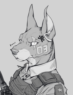 anthro bulletproof_vest clothed clothed_anthro clothed_male clothing collared_shirt countershade_face countershade_neck countershading dot_pupils ear_scar earpiece head_tattoo looking_at_viewer male number_on_body number_on_head scar shirt side_view skull_tattoo solo tattoo text topwear kuromonsart canid canine canis dobermann domestic_dog mammal pinscher 2023 artist_name bust_portrait dated digital_drawing_(artwork) digital_media_(artwork) english_text greyscale hi_res monochrome portrait screentone