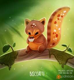ambiguous_gender beady_eyes beverage biscotti_(food) black_eyes branch brown_body brown_fur container cup feral food fur humor leaf moss patreon_logo plant pun solo tea_cup text tongue tongue_out visual_pun wood piper_thibodeau patreon coati food_creature mammal procyonid digital_media_(artwork) digital_painting_(artwork) english_text painting_(artwork)