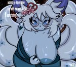 accessory anthro areola asian_clothing bent_over blue_areola blue_body blue_fur blush clothed clothing clothing_pull dialogue east_asian_clothing eyewear female flashing flower flower_in_hair freckles fur glasses glistening glistening_body hair hair_accessory heart_symbol japanese_clothing kimono looking_at_viewer male nipple_piercing nipples piercing plant smile smiling_at_viewer solo text white_hair miyang_draws! valerie_(shinychao) canid canine fox fox_spirit mammal absurd_res hi_res