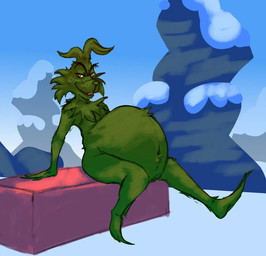 anthro belly big_belly clenched_teeth evil_grin fangs fur green_body green_fur half-closed_eyes male narrowed_eyes navel nude obese obese_anthro obese_male outside overweight overweight_anthro overweight_male sitting smile snow solo teeth scudmum dr._seuss how_the_grinch_stole_christmas! the_grinch humanoid monster 2024 colored colored_sketch digital_drawing_(artwork) digital_media_(artwork) hi_res shaded sketch