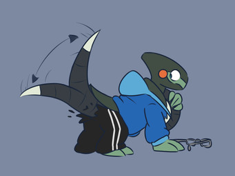 black_body black_scales clothed clothing dewlap_(anatomy) directional_arrow eyewear feral glasses green_body green_scales gular_flap hoodie looking_at_self looking_back male motion_lines orange_body orange_cheeks orange_scales scales simple_background solo tail tail_growth_in_pants tail_motion tailburst tailwag topwear torn_clothing transformation fco17 ijopoko nintendo pokemon cyclizar generation_9_pokemon pokemon_(species) reptile scalie 4:3 hi_res