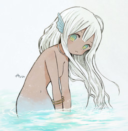 blue_eyes blush bracelet breasts covered_breasts dark_body dark_skin female fin hair head_fin head_tilt jewelry long_hair looking_at_viewer multicolored_eyes navel nude partially_submerged simple_background small_breasts solo split_form water white_background white_hair yellow_eyes young ayu_(mog) aquatic humanoid merfolk