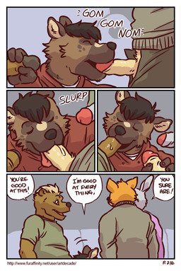 anthro anthro_on_anthro base_three_layout blockage_(layout) dialogue drunk erection fellatio foreskin four_frame_image gangbang genitals group group_sex horizontal_blockage humanoid_genitalia humanoid_penis male male/male male_penetrated male_penetrating male_penetrating_male oral oral_penetration penetration penile penis penis_in_face retracted_foreskin sex substance_intoxication text three_row_layout artdecade palm_of_my_hand itreyu bear lagomorph leporid mammal rabbit comic english_text multiple_scenes