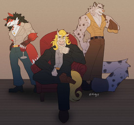 anthro bio_in_description black_nose blonde_hair boots bottomwear brown_hair clothed clothed_anthro clothed_male clothing footwear fur grey_body grey_fur group hair jewelry male markings multicolored_body multicolored_fur necklace pants pink_nose red_body red_fur shirt shoes sitting spots spotted_body spotted_fur standing suit topwear trio two_tone_body two_tone_fur white_body white_fur mr.moy harry_snow lee_everhart wyatt_vanderbilt_iii canid canine equid equine felid fox horse mammal pantherine snow_leopard story story_in_description