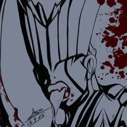 blood blood_splatter bodily_fluids male not_furry sharp_teeth simple_background solo teeth tongue tongue_out silpholion digital_devil_saga digital_devil_saga_2 serph varna demon 1:1 2005 black_and_white_and_red low_res signature source_request