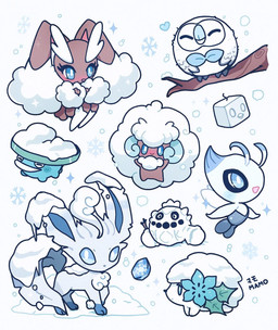 ambiguous_gender antennae_(anatomy) anthro beak blue_body blue_eyes blue_fur blush brown_body evolutionary_stone eyelashes eyes_closed feathered_wings feathers feral flower_(anatomy) fur ice_stone open_mouth paws plant simple_background snow snowflake solo sparkles tail white_body white_feathers wings winter mamobot nintendo pokemon avian cacnea celebi eeveelution eiscue elemental_creature flora_fauna generation_2_pokemon generation_3_pokemon generation_4_pokemon generation_5_pokemon generation_7_pokemon generation_8_pokemon humanoid ice_face_eiscue lagomorph land_forme_shaymin leafeon legendary_pokemon lopunny lotad mammal pokemon_(species) rowlet shaymin whimsicott 2024 hi_res signature