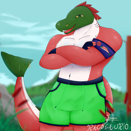 anthro fingers green_body male muscular piercing red_body solo tail tongue white_body yellow_eyes racosaurio aquatic fish salmon salmonid_(fish) 1:1 absurd_res hi_res