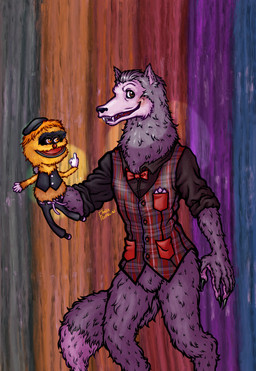 anthro black_claws black_dress_shirt bow_tie brown_eyes claws clothed clothing digitigrade duo fluffy fluffy_tail fur gesture gloves grey_body grey_fur hand_gesture handwear looking_at_viewer male middle_finger partially_clothed pattern_clothing pattern_topwear pattern_vest plaid plaid_clothing plaid_topwear plaid_vest puppet rainbow rainbow_background red_bow_tie sharp_teeth simple_background smile smiling_at_viewer spotlight standing tail teeth topwear ventriloquism ventriloquist vest white_clothing white_gloves white_handwear yellow_body yellow_fur fanggoblin creative_engineering_incorporated showbiz_pizza_place the_rock-afire_explosion earl_schmerle rolfe_dewolfe canid canine canis mammal wolf absurd_res colored detailed digital_media_(artwork) hi_res shaded