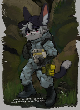 4_fingers anthro black_body black_eyes black_fur black_nose bodily_fluids border cheek_tuft closed_smile clothed clothing detailed_background dipstick_tail facial_tuft fingers footwear fur gloves grass grey_border hair handwear hat headgear headwear holding_object holding_suitcase inner_ear_fluff male markings mouth_closed multicolored_body multicolored_fur outside plant rock shoes smile solo standing suitcase sweat tail tail_markings text tuft wearing_hat white_body white_fur white_hair white_inner_ear_fluff white_text co2killsu death_stranding domestic_cat felid feline felis mammal 2025 absurd_res english_text hi_res