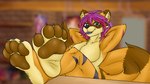 anthro claws feet female foot_fetish foot_focus fur hindpaw muscular muscular_arms pawpads paws solo toe_claws two_tone_feet mytsuki_bloom pawfursuniverse vtuber queensmolder smolder_(pawfurs) demon mammal procyonid raccoon hi_res