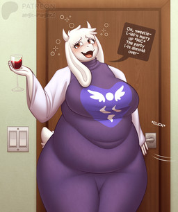 alcohol anthro beverage blush blush_lines brown_eyes clothed clothing container cup dialogue dress drinking_glass drunk female glass glass_container glass_cup horn looking_at_viewer popping_bubble slurred_speech solo speech_bubble substance_intoxication text tight_clothing wine wine_glass angie_imagines undertale undertale_(series) toriel bovid caprine goat mammal absurd_res english_text hi_res