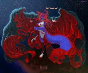 5_fingers anthro areola aura big_breasts billowing_cape black_cape black_clothing blue_body blue_fur blue_tail blush breasts butt cape cape_only claws cleavage cloak clothed clothing eyebrow_through_hair eyebrows facial_markings fangs feet female fingers fluffy fluffy_tail flying fur genitals glistening hair head_markings holidays huge_breasts looking_at_viewer low-angle_view markings mature_anthro mature_female mostly_nude multicolored_body night nipples no_underwear nude open_mouth outside red_cape red_claws red_clothing red_eyes red_hair silk smile solo spread_wings tail tail_motion teeth text thick_thighs toe_claws toes topless translucent translucent_hair vulva white_body white_fur wings chazzychanz diandra canid canine canis fox hybrid mammal vampire wolf 2022 digital_media_(artwork) english_text watermark