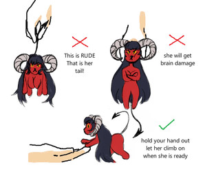 angry anthro black_hair chibi female fur hair horn humor long_hair pouting red_body red_fur size_difference smaller_female solo text yellow_eyes umbraunderscore lili_(umbraunderscore) demon felid humanoid leopard mammal pantherine english_text hi_res meme