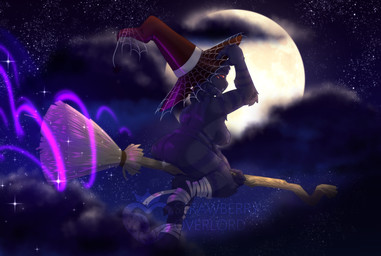 anthro black_body bodily_fluids breasts broom broom_riding cleaning_tool clothing cloud detailed_background fangs feet female fluffy flying flying_broom foot_wraps fullmoon genital_fluids hat headgear headwear magic_energy magic_glow magic_user night overweight red_eyes sky solo spider_web star teeth vaginal_fluids witch witch_hat wraps strawberryoverlord arachnid arthropod spider