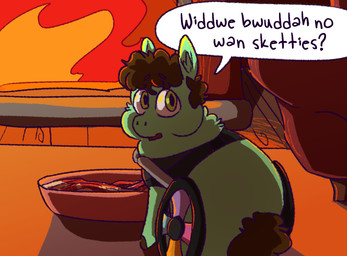 ambiguous_feral ambiguous_gender amputee baby_talk bowl brown_hair brown_tail container dialogue disability feral fire fireplace food fur furniture green_body green_eyes green_fur hair looking_at_another looking_back looking_back_at_another offscreen_character pasta pet_bowl rear_view sofa solo spaghetti tail text tire young young_ambiguous young_feral alpama fluffy_pony fluffy_pony_(species) mammal 2023 digital_media_(artwork) english_text hi_res shaded