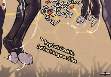 anthro bodily_fluids clothing crowd cum dangling dangling_legs dominant dominant_male exhibitionism fellatio genital_fluids group heart_symbol leg_cropped_sex legwear male offscreen_sex oral paws penile public public_sex sex side_view spitroast text thigh_highs jarlium hellaverse helluva_boss mythology loona_(helluva_boss) queen_bee-lzebub_(helluva_boss) vortex_(helluva_boss) canid canid_demon canine demon hellhound mammal mythological_canine mythological_creature hi_res