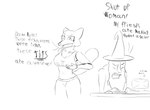 angry anthro big_breasts breasts computer dialogue duo electronics female hunched_over magic_user male smile tail text heelipmo that_damn_fox!_(video_game) canid canine fox human mammal absurd_res english_text hi_res monochrome sketch