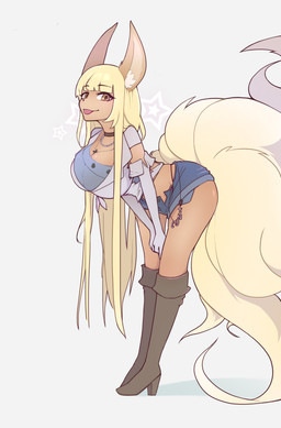 anthro armwear bangs blue_bottomwear blue_clothing blue_shorts blunt_bangs boots bottomwear breasts clothed clothed_female clothing elbow_gloves female footwear gloves handwear high_heeled_boots high_heels jewelry necklace profanity shoes shorts solo tail cafefluff aromi_(aromimocha) absurd_res hi_res