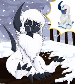1_horn black_body black_horn black_nose black_skin black_tail claws eyebrows feral frown hair horn log long_hair long_tail neck_tuft pupils purple_eyes sitting snow tail tuft white_eyebrows white_hair white_pupils wood commonbleat nintendo pokemon absol generation_3_pokemon pokemon_(species) hi_res